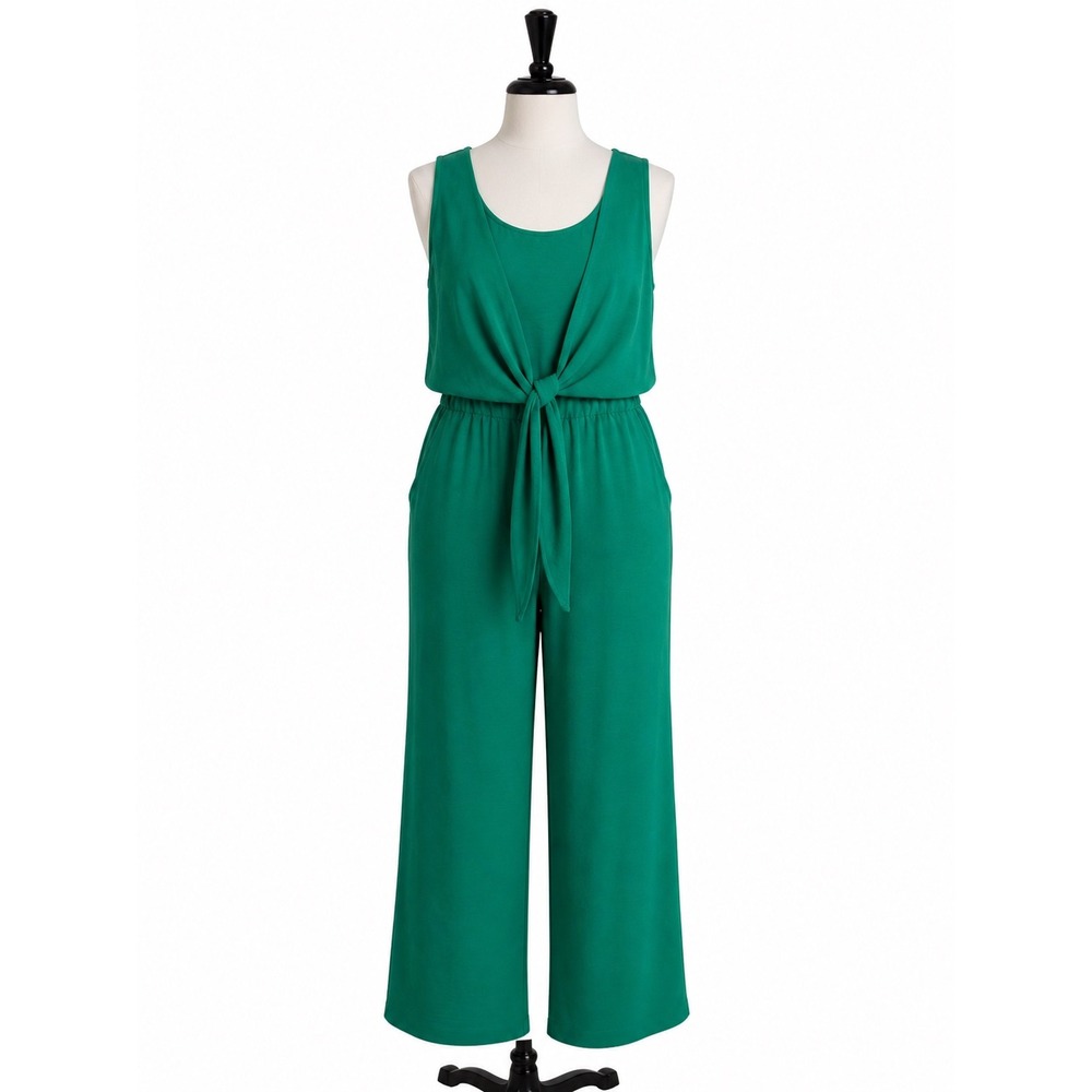 Connected Apparel Green Sleeveless Tie Front Wide Leg Jumpsuit Petite 4P chi boo
